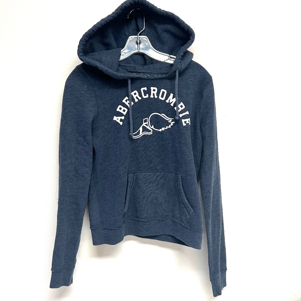 A&F Abercrombie & Fitch Sz S Navy Blue Logo Graphic Hoodie White Long Sleeve Sof - Picture 1 of 9